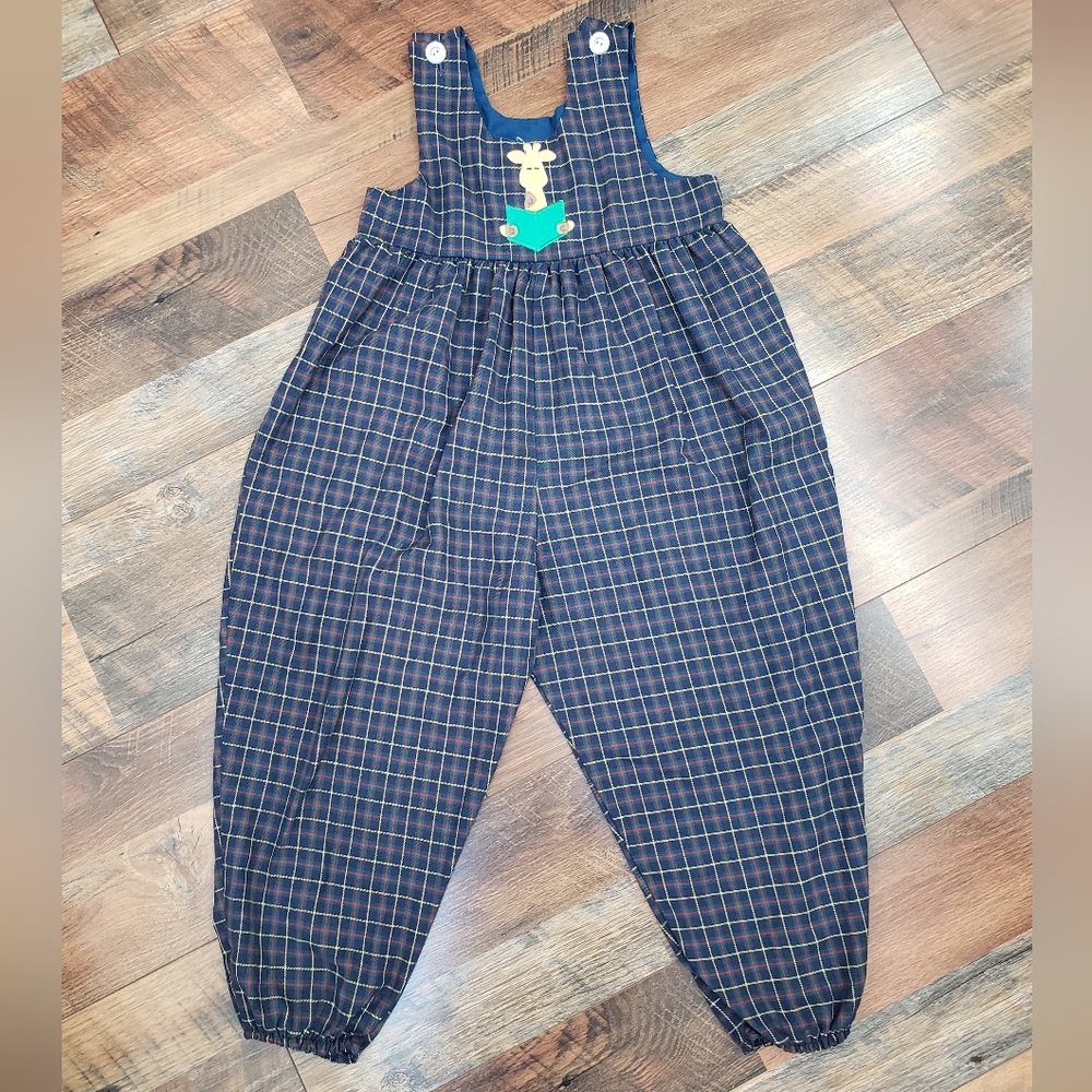 Vintage Kelly's Kids Plaid Sleeveless Jumpsuit with Reading Giraffe Graphic, 5